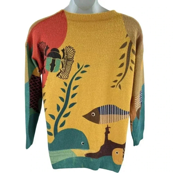 YESNO Wool Blend Womens L Sweater Graphic Oversized Pullover Casual Loose Long S - Picture 2 of 14